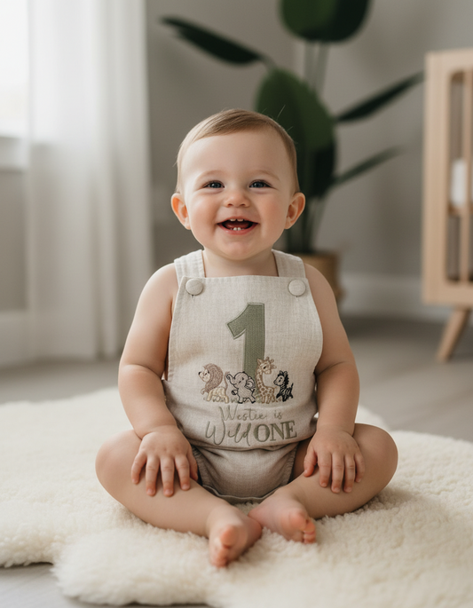 Boys Beige Linen First Birthday romper overalls wild one safari