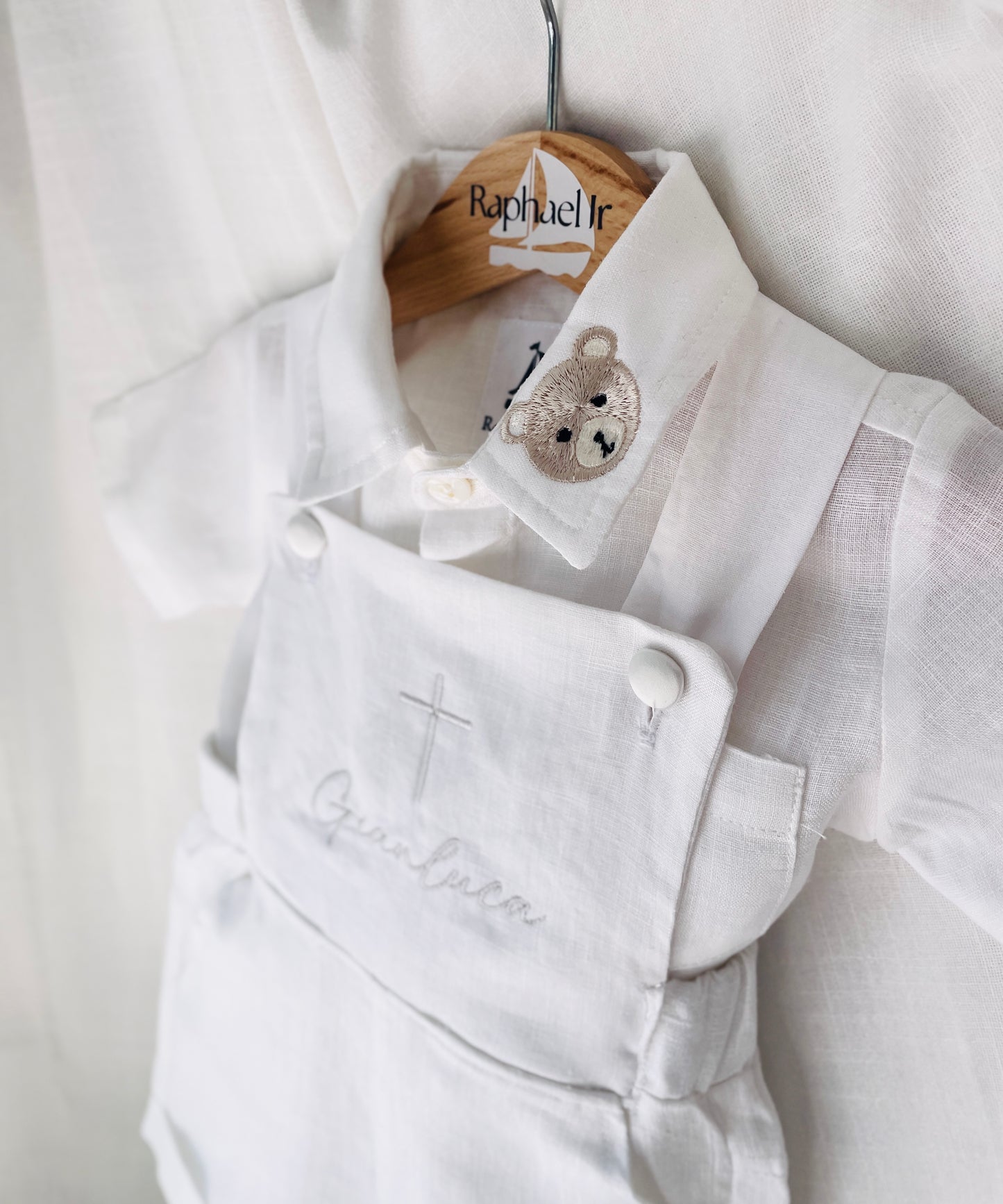 Boys white pure linen overalls suspender shorts with optional shirt and embroidery