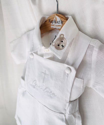 Boys white pure linen overalls suspender shorts with optional shirt and embroidery