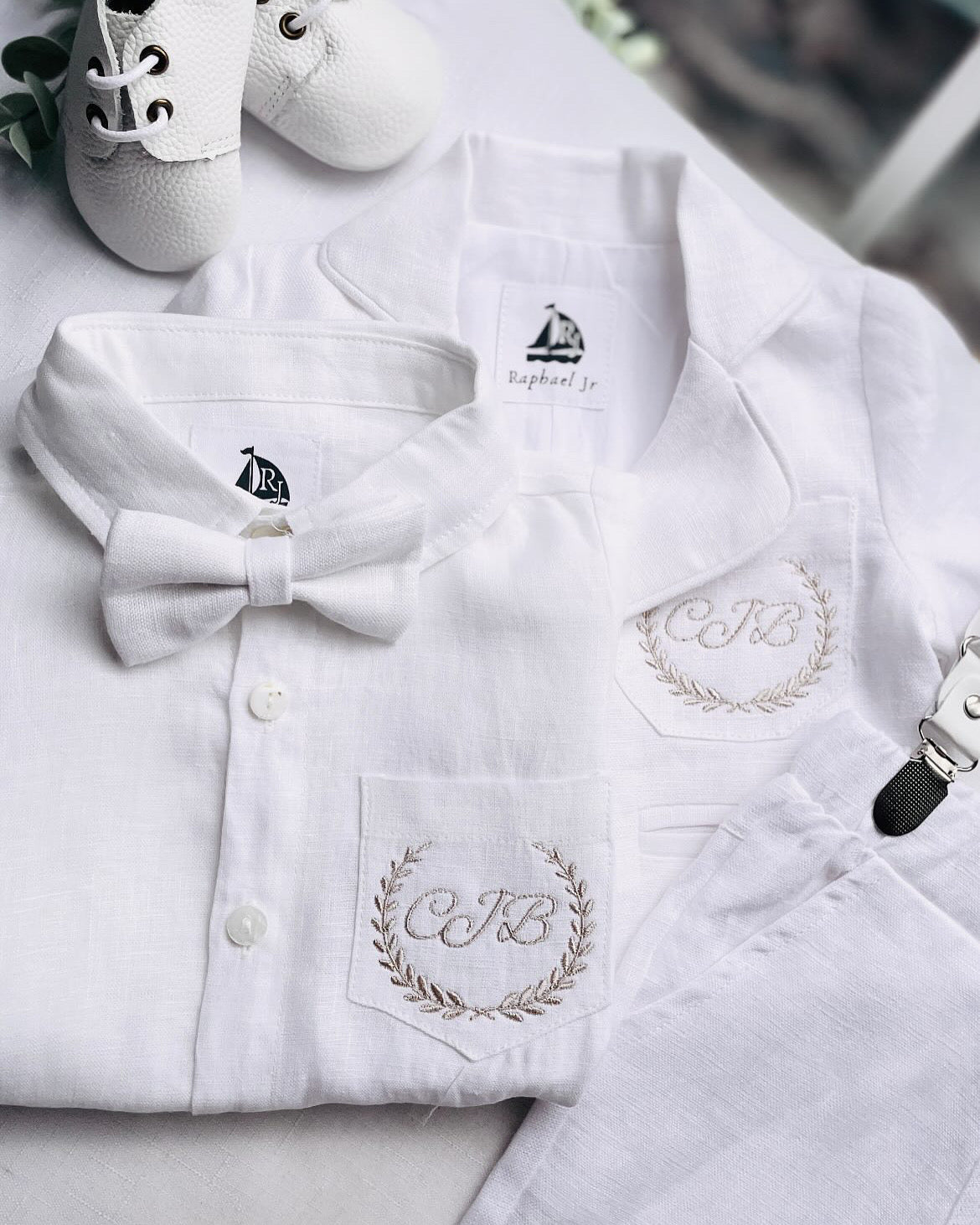 White linen Baptism suit set with pants, shirt, suspenders and bowtie plus optional extras