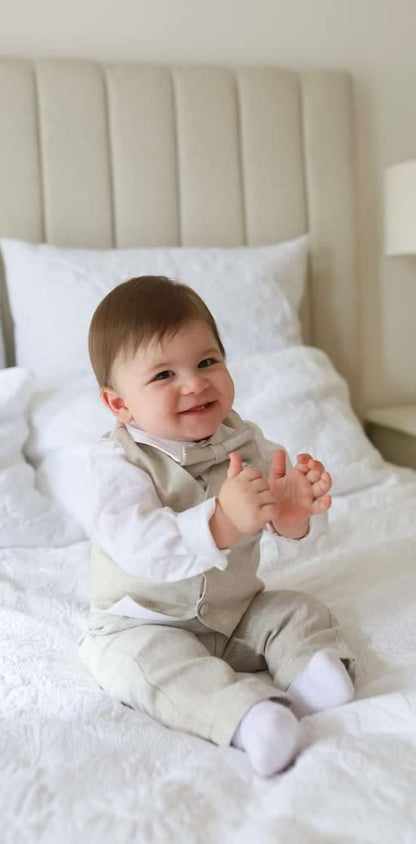 White and Beige Linen set with vest, shirt, pants, suspenders and bowtie plus optional jacket, cap and shoes