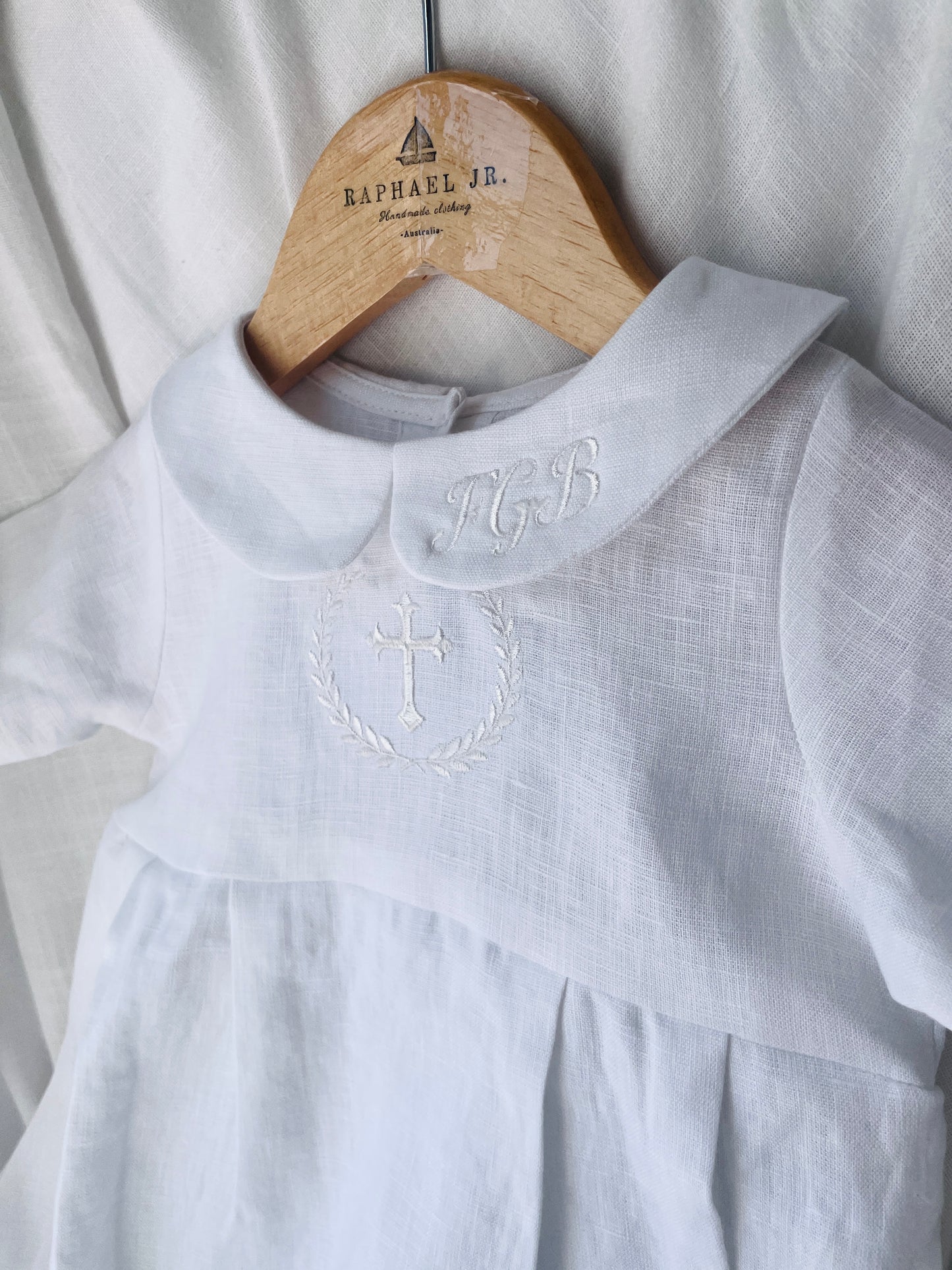Linen Baptism peter pan collar bubble romper with optional embroidery customisation