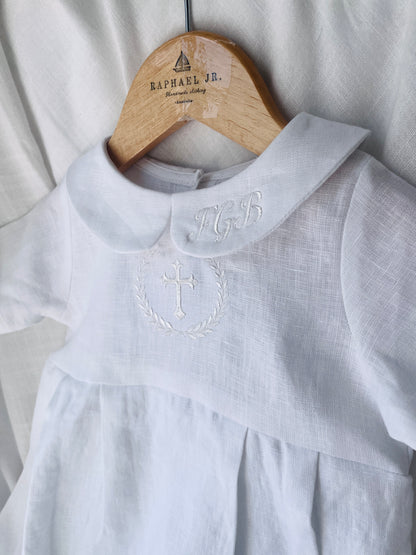 Linen Baptism peter pan collar bubble romper with optional embroidery customisation