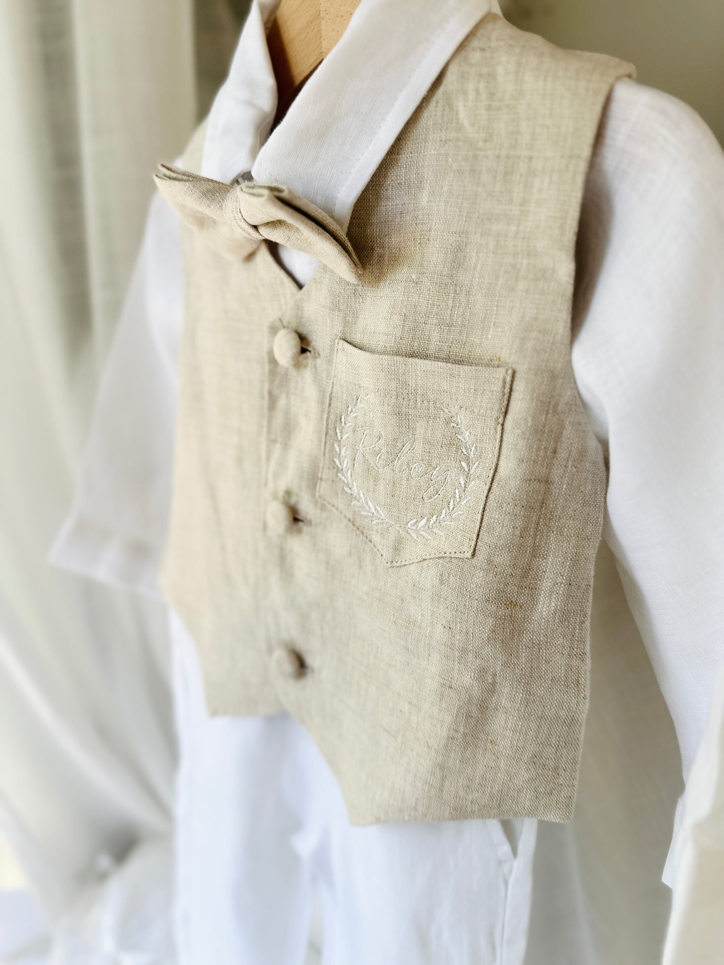 White and Beige Linen set with vest, shirt, pants, suspenders and bowtie plus optional jacket, cap and shoes