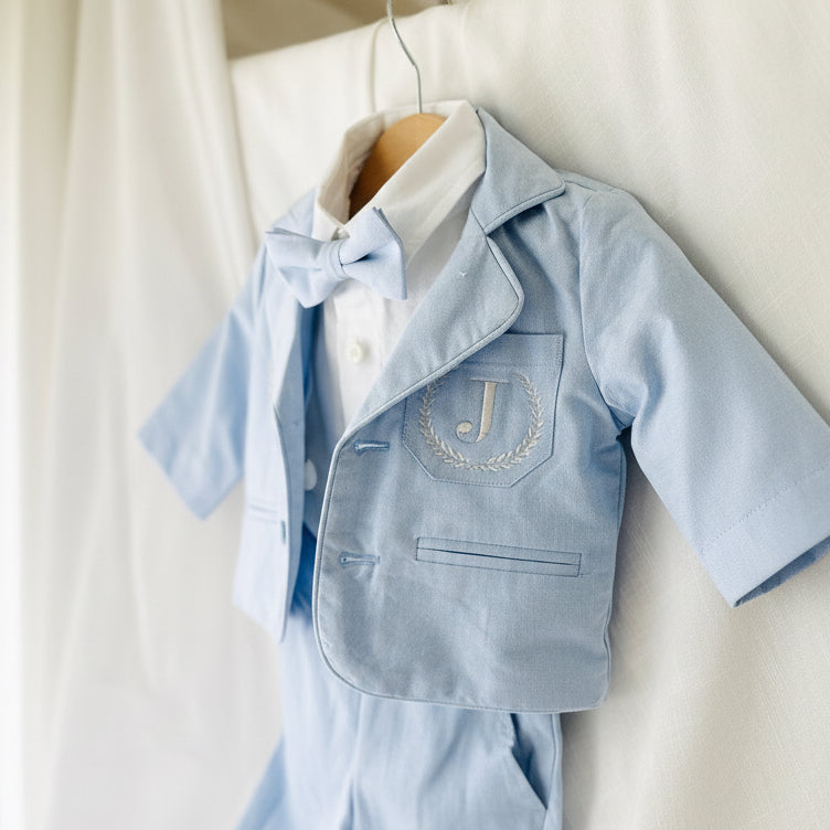 White linen Baptism Suit outfit with optional blue jacket and Accessories
