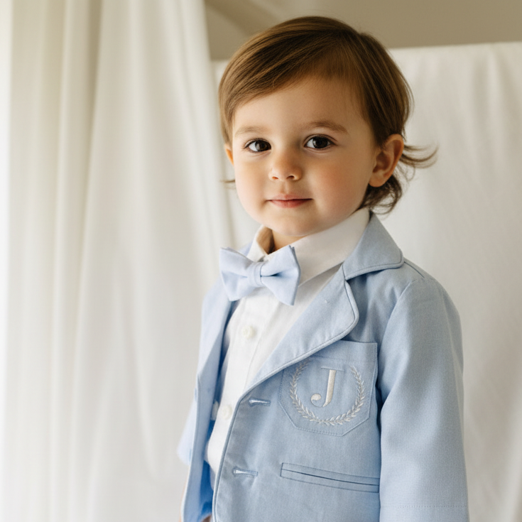 White linen Baptism Suit outfit with optional blue jacket and Accessories