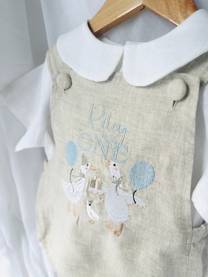 Beige and white linen Birthday and Baptism romper and blouse set