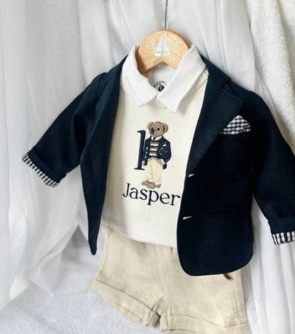 Polo Bear first birthday set with linen shirt, shorts and bear jumper