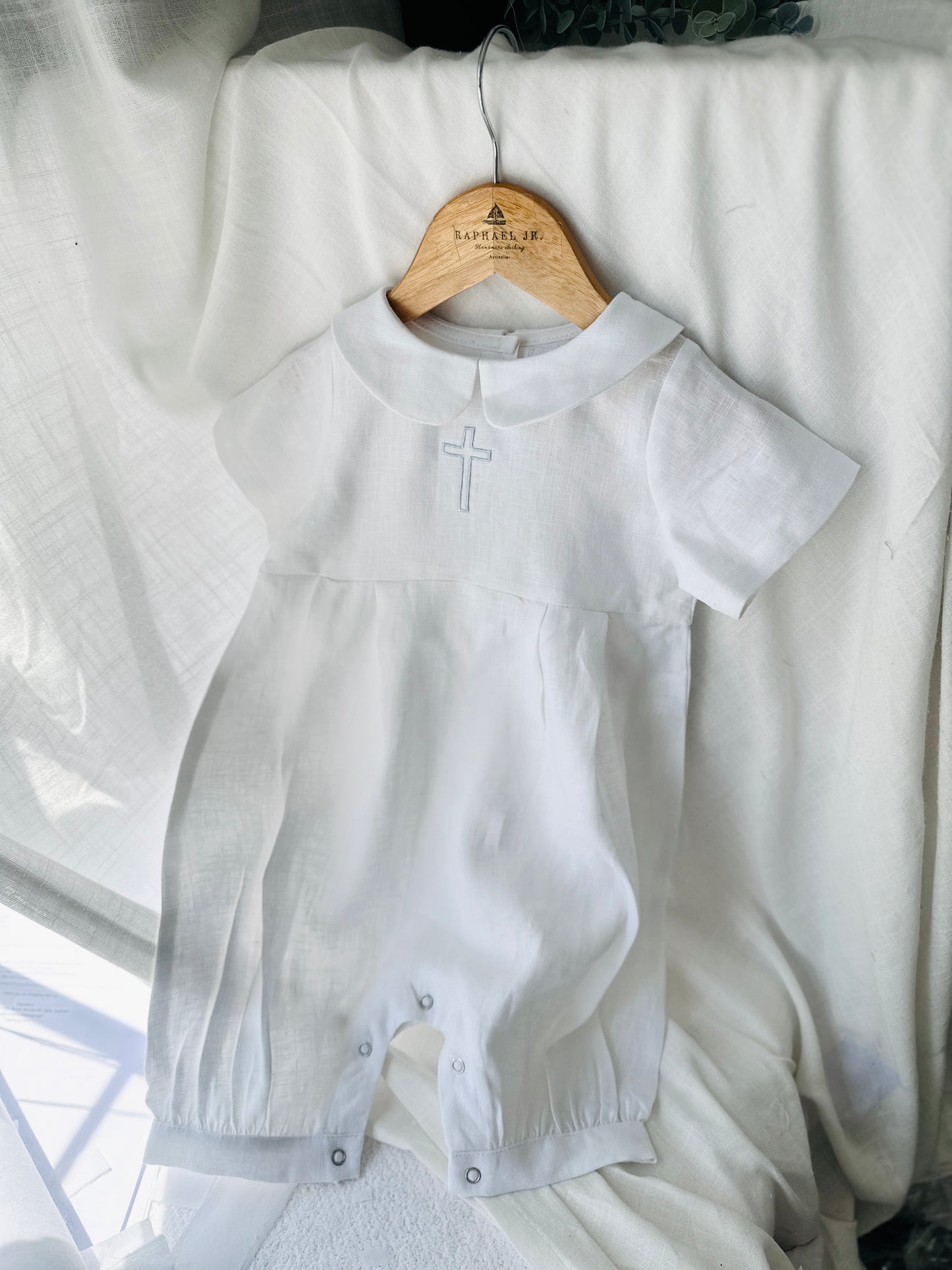 Linen Baptism 3/4 length jumpsuit with optional cardigan and embroidery