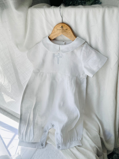 Linen Baptism 3/4 length jumpsuit with optional cardigan and embroidery