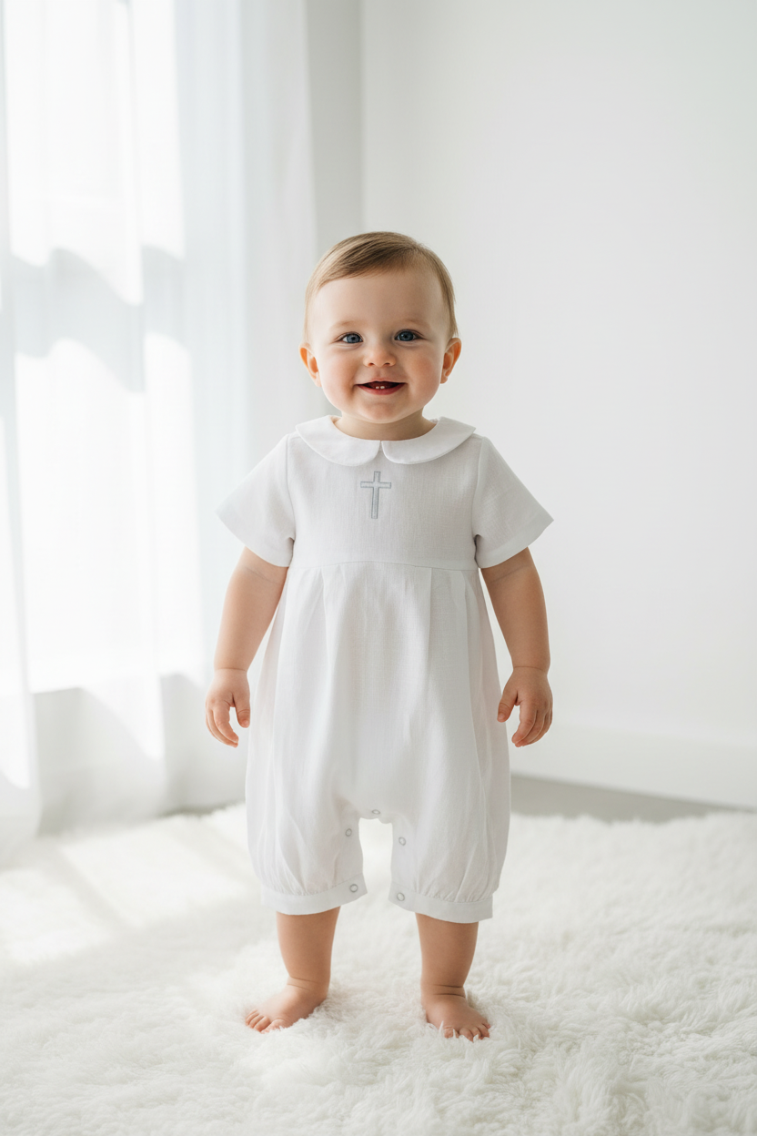 Linen Baptism 3/4 length jumpsuit with optional cardigan and embroidery