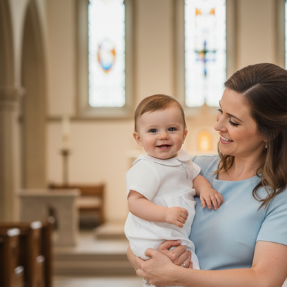 Linen Baptism 3/4 length jumpsuit with optional cardigan and embroidery