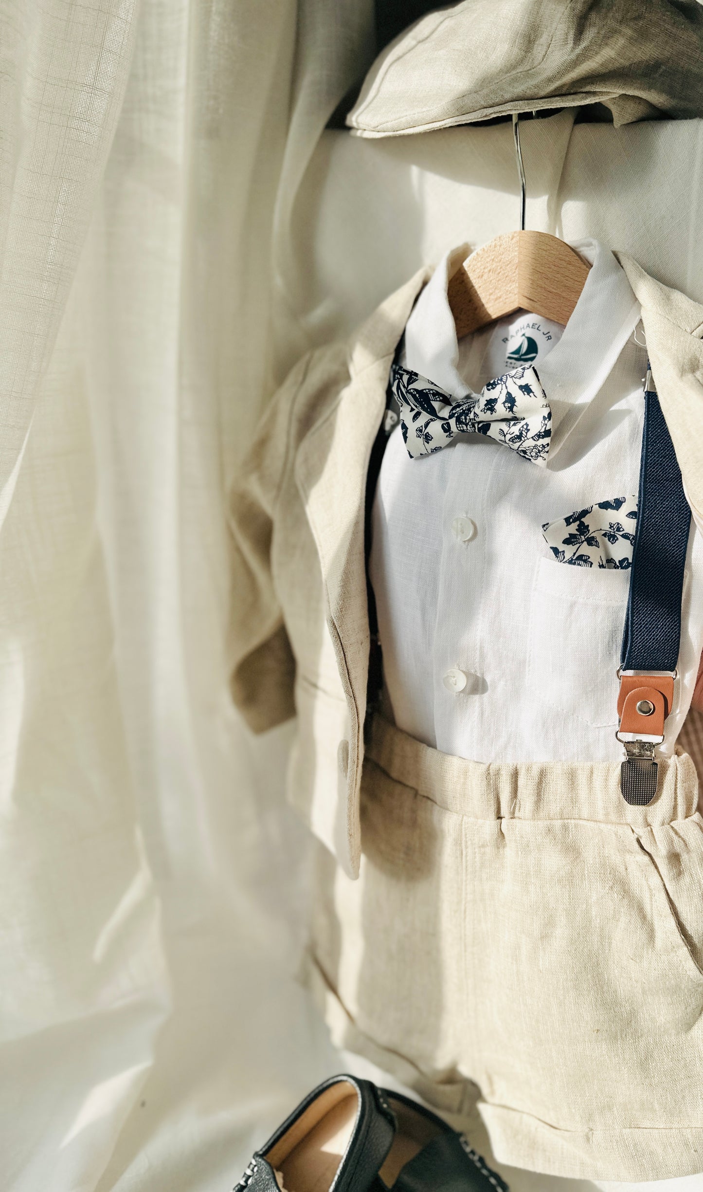 Beige Linen Summer Suit with navy blue accessories