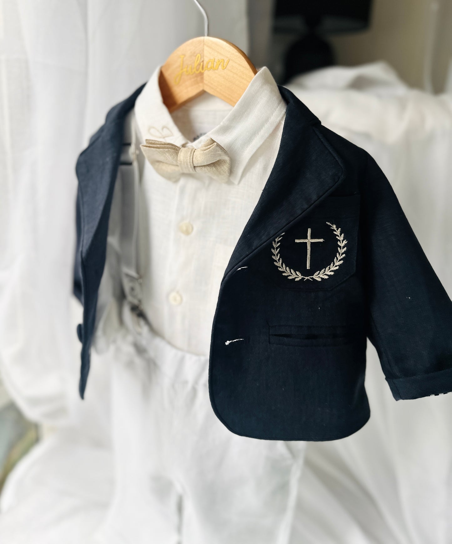 Navy blue and white linen boys formal baptism or wedding suit