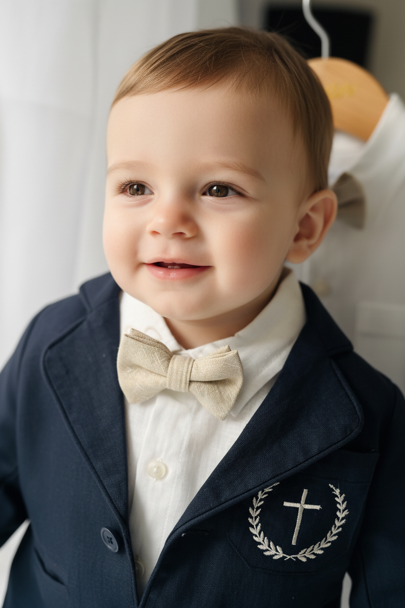 Navy blue and white linen boys formal baptism or wedding suit