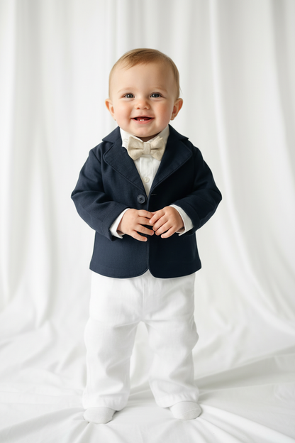 Navy blue and white linen boys formal baptism or wedding suit