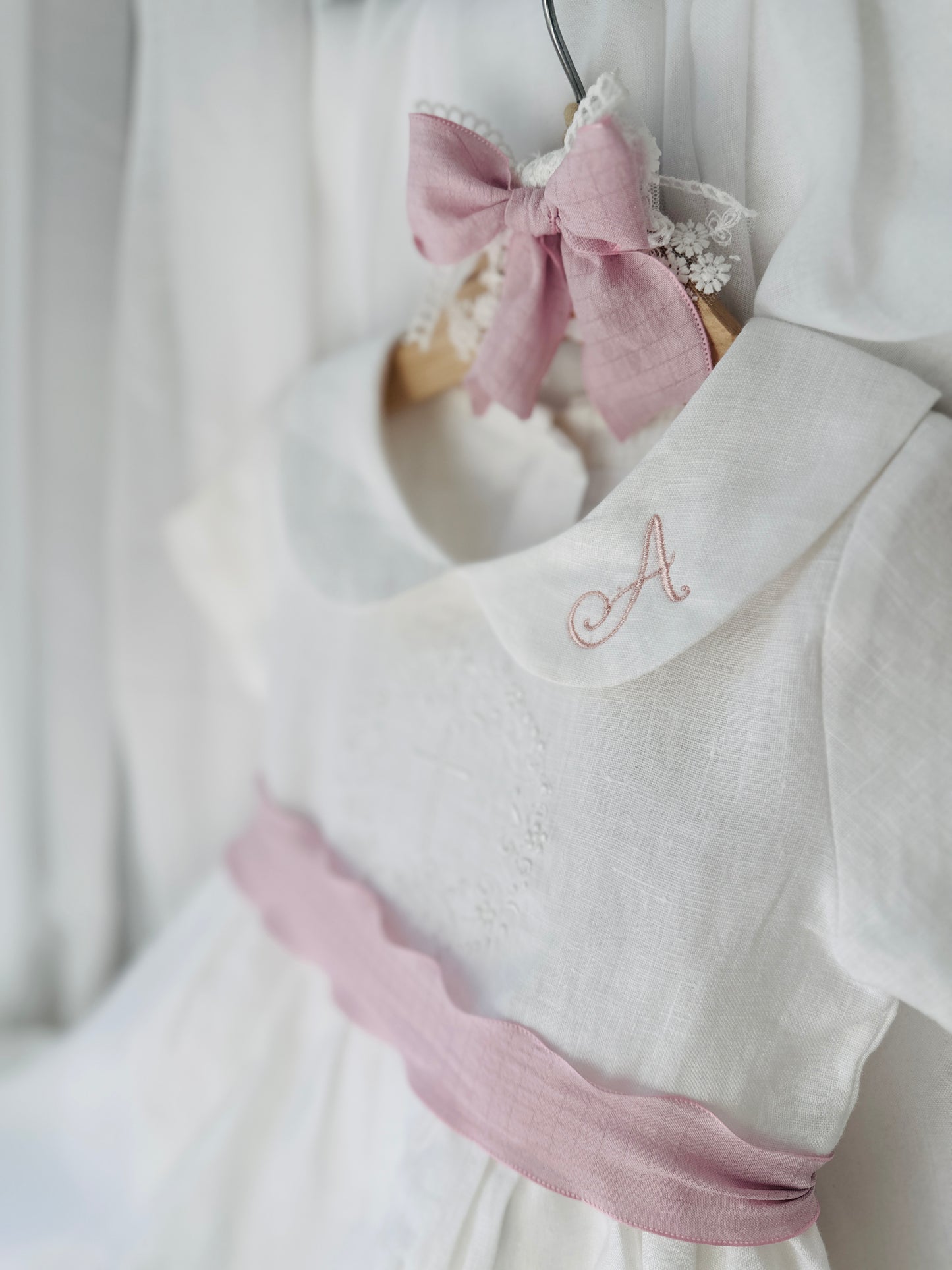 Pure Linen knee length Baptism Dress with embroidery and bloomers and optional ribbon