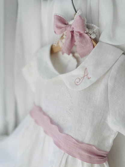 Pure Linen knee length Baptism Dress with embroidery and bloomers and optional ribbon