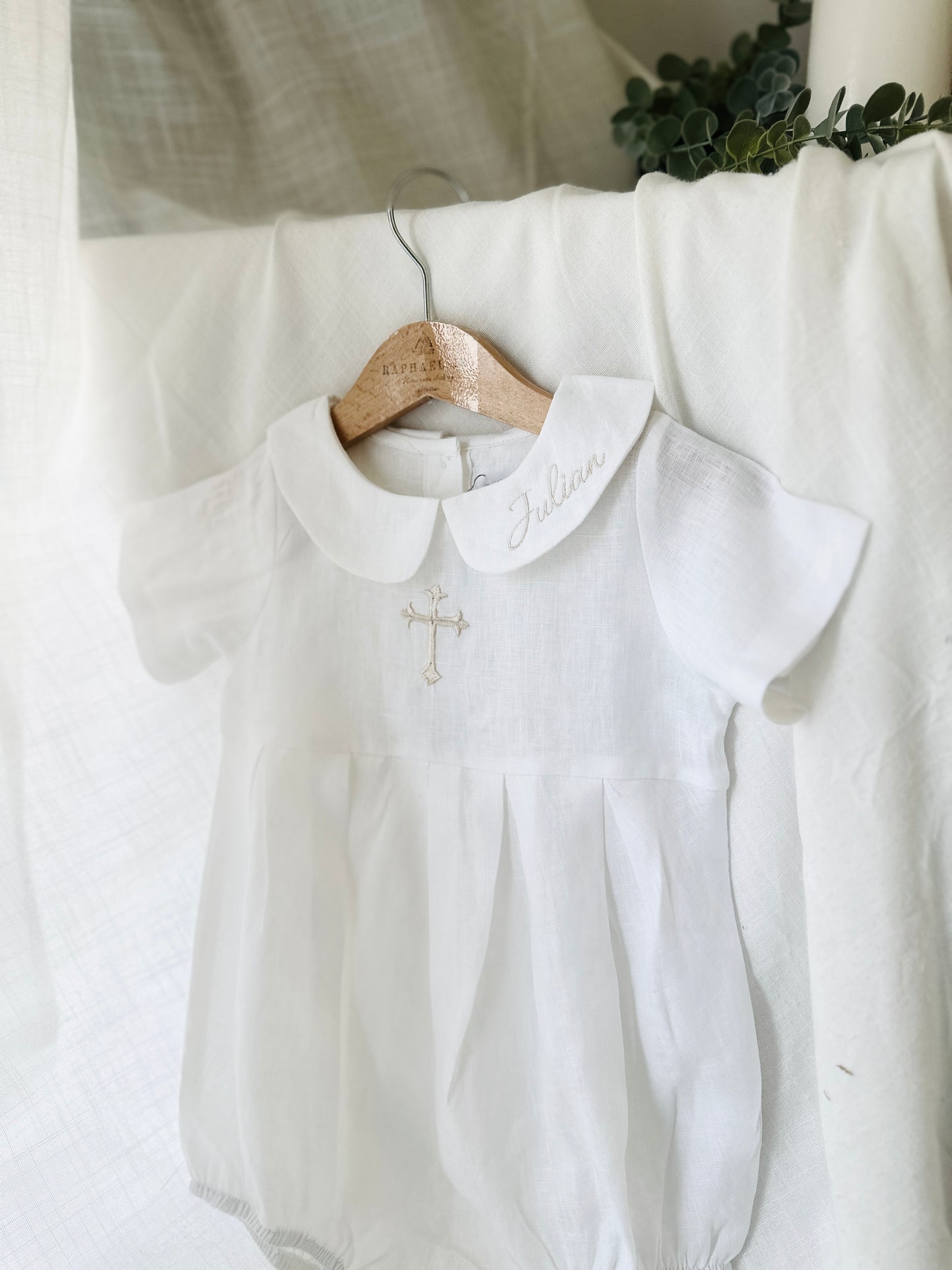 Linen Baptism peter pan collar bubble romper with optional embroidery customisation