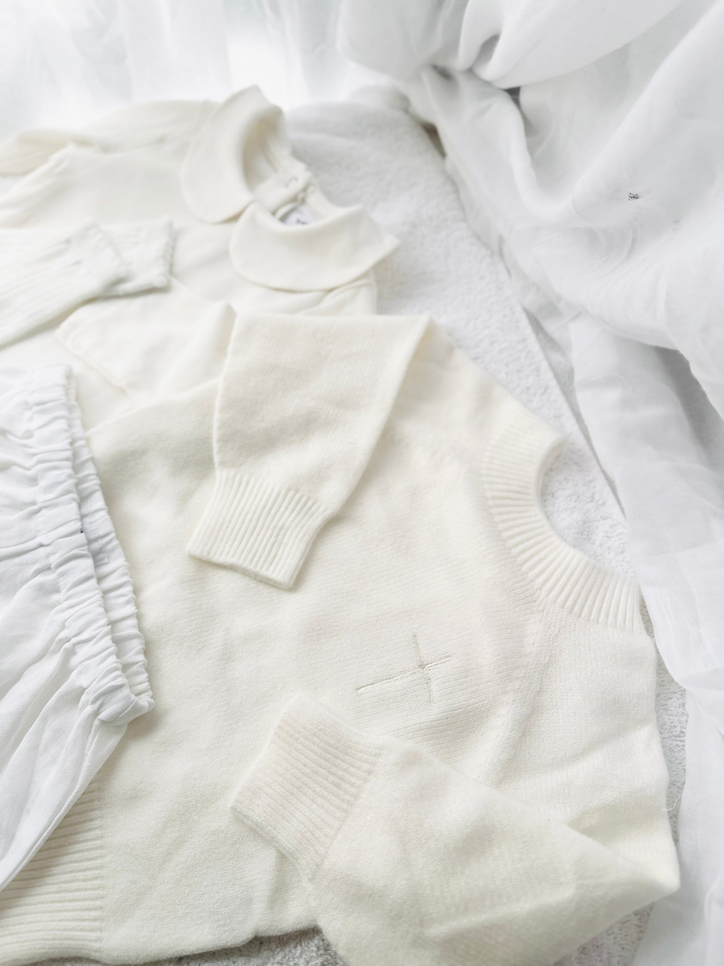 Baptism outfit with cotton onesie and cardigan or jumper and beige linen bloomers and white socks