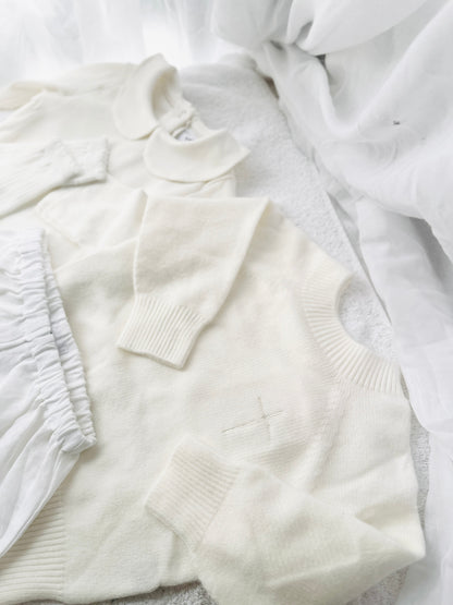 Baptism outfit with cotton onesie and cardigan or jumper and beige linen bloomers and white socks