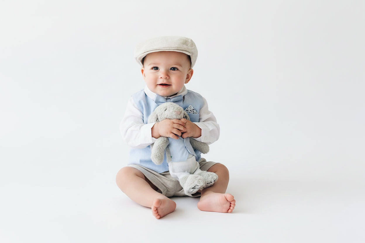 Pale blue and Beige linen summer set with blue vest, white shirt, beige shorts, suspenders and blue bow tie