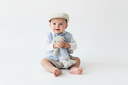 Pale blue summer vest set with blue vest, suspender shorts white shirt and bowtie