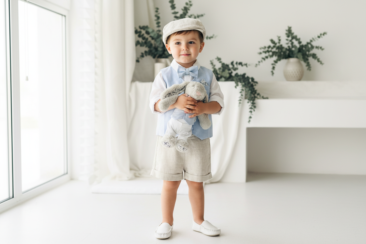 Pale blue and Beige linen summer set with blue vest, white shirt, beige shorts, suspenders and blue bow tie