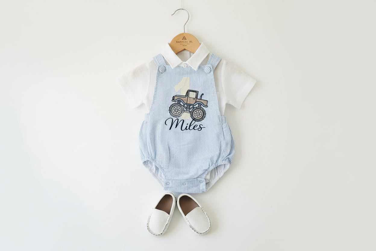 Boys Beige Linen First Birthday romper overalls wild one safari