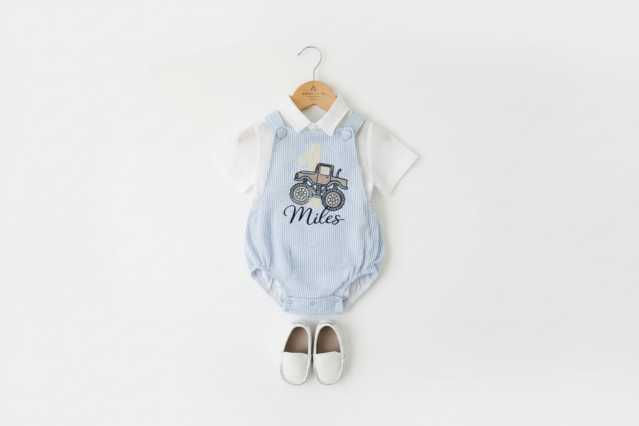 Boys Beige Linen First Birthday romper overalls wild one safari