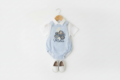 Boys Beige Linen First Birthday romper overalls wild one safari