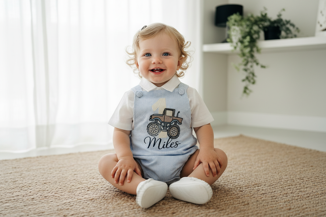 Boys Beige Linen First Birthday romper overalls wild one safari