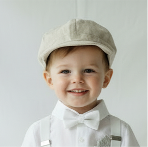 Beige linen paper boy cap for baptisms and christenings with optional embroidery