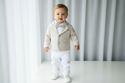 White linen vest suit with beige linen jacket and accessories