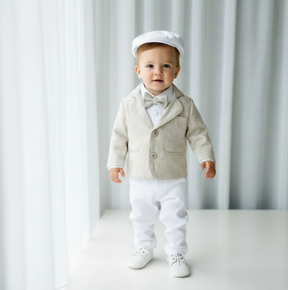 White linen vest suit with beige linen jacket and accessories