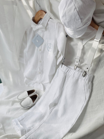 White linen Baptism Suit outfit with optional blue jacket and Accessories