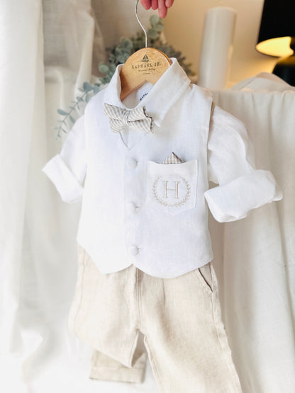 Boys white and beige linen set with vest, shirt, pants, suspenders and bowtie