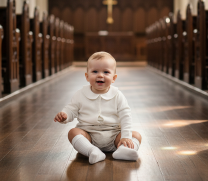 Baptism outfit with cotton onesie and cardigan or jumper and beige linen bloomers and white socks