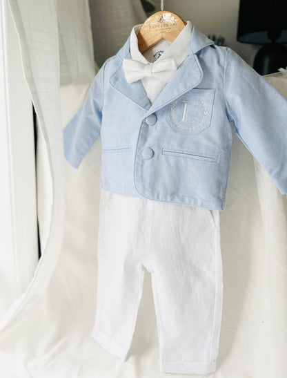 Boys Pale Blue chambray Jacket and White Linen Baptism Outfit