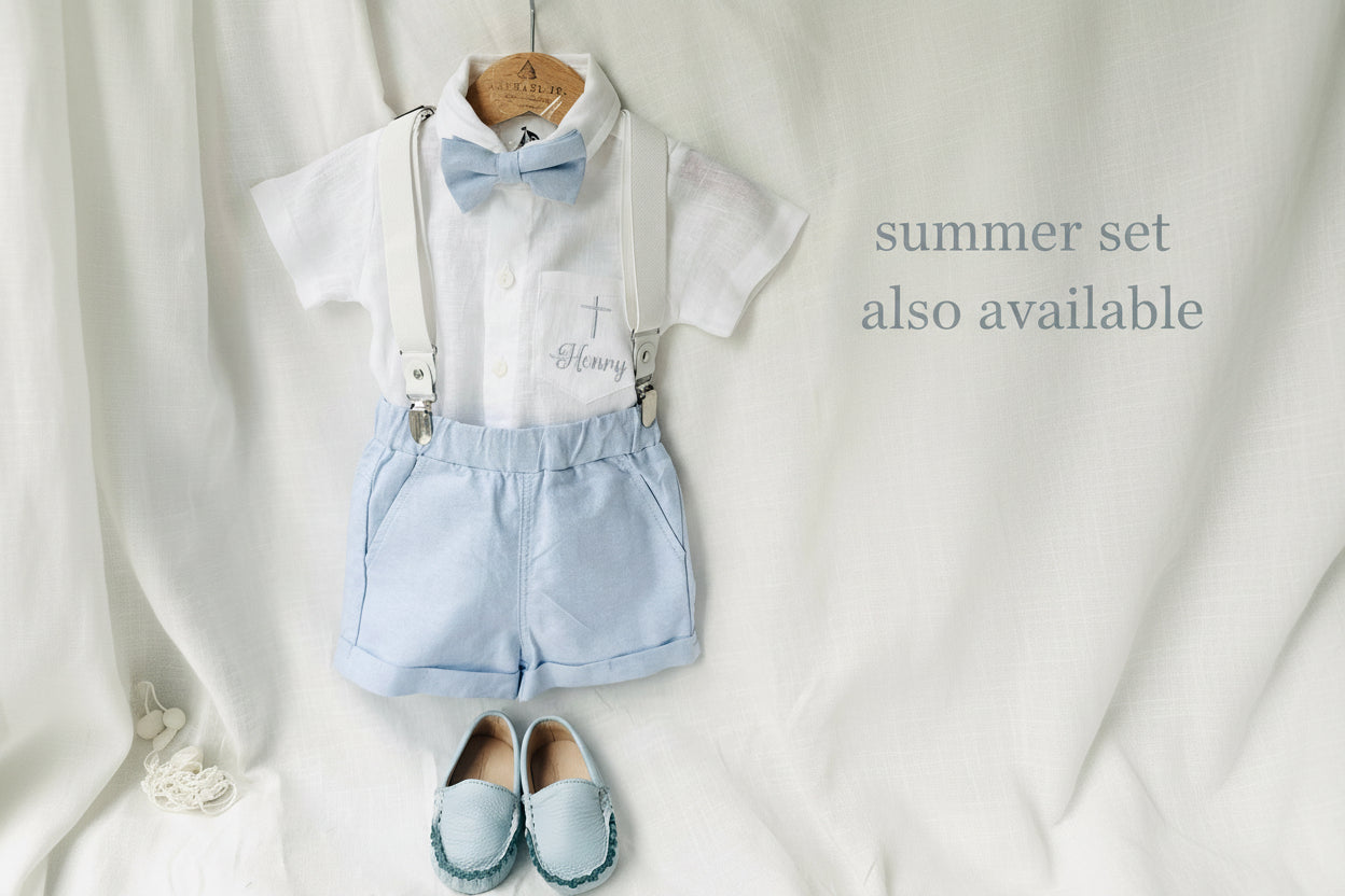 Baby and toddler boys pale blue chambray and linen full suit