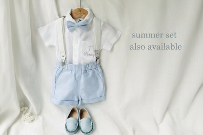 Baby and toddler boys pale blue chambray and linen full suit