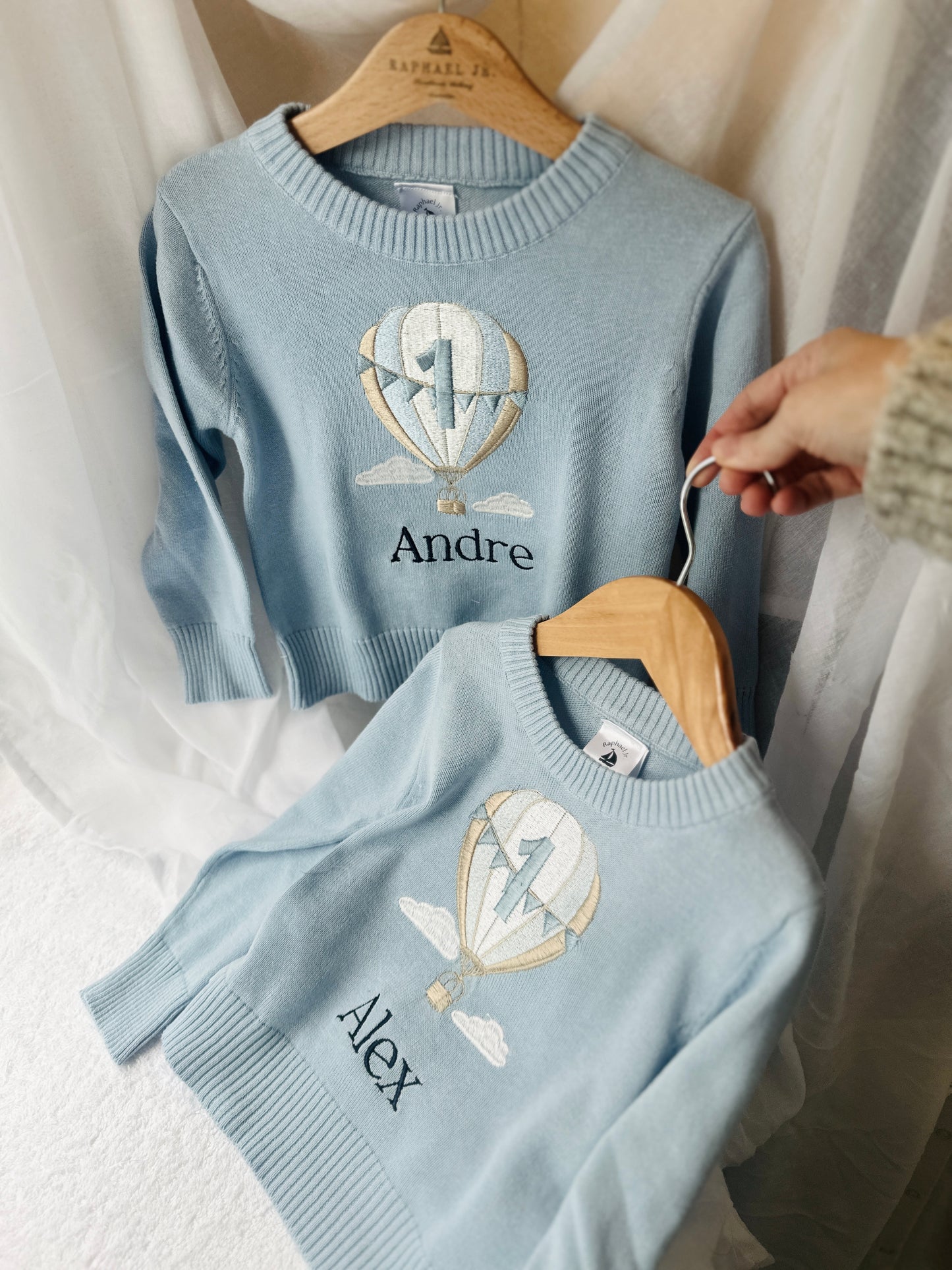 Baby blue cotton sweater with optional embroidery