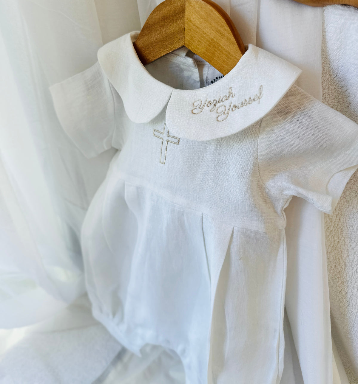 Linen Baptism 3/4 length jumpsuit romper with optional cardigan and embroidery