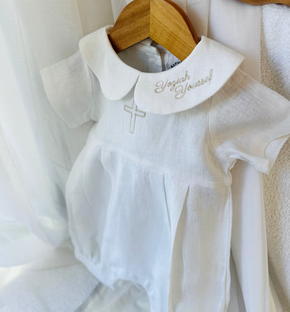 Linen Baptism 3/4 length jumpsuit romper with optional cardigan and embroidery