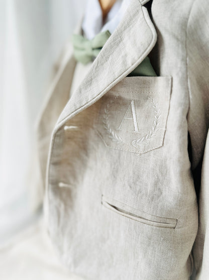 Beige Linen full length suit with pants, shirt, jacket and accessories