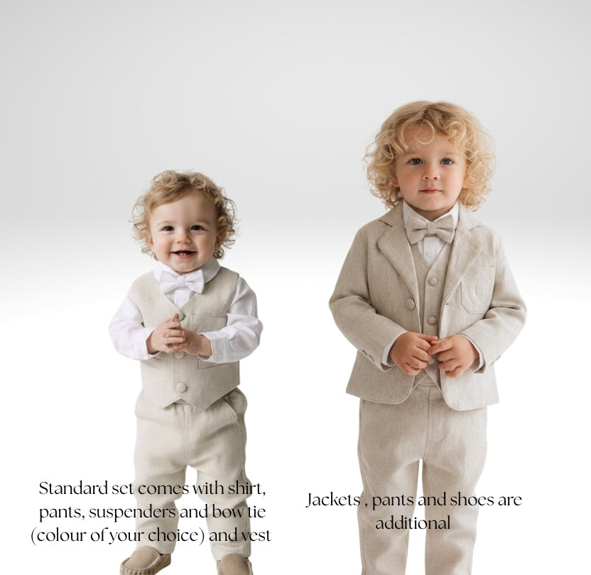 Beige Linen vest suit, shirt, pants, suspenders and bowtie plus optional jacket, cap and shoes