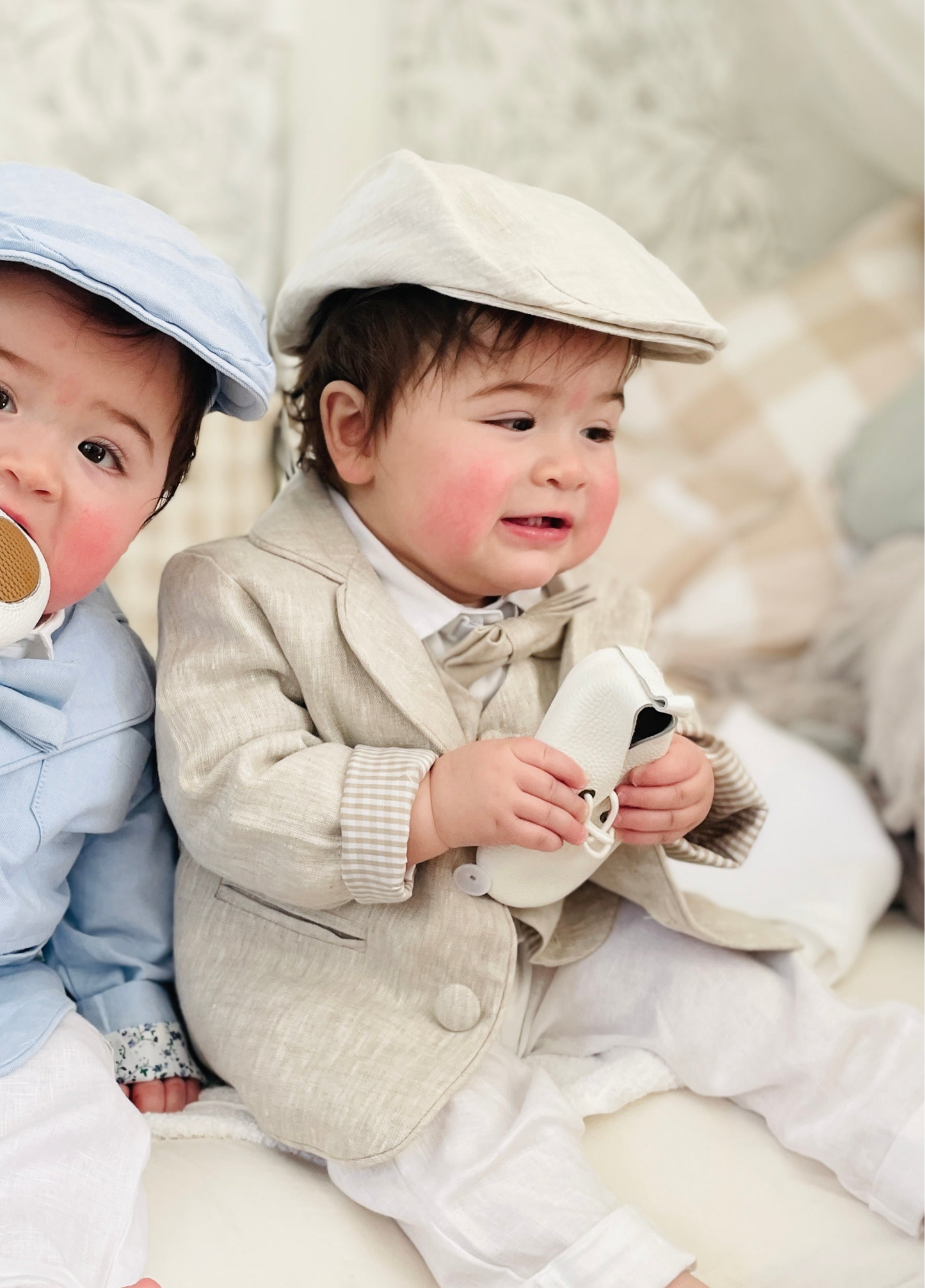White and Beige Linen set with vest, shirt, pants, suspenders and bowtie plus optional jacket, cap and shoes
