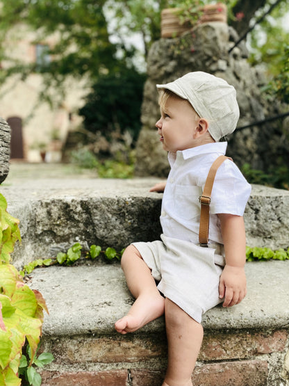 Pale blue and Beige linen summer set with blue vest, white shirt, beige shorts, suspenders and blue bow tie