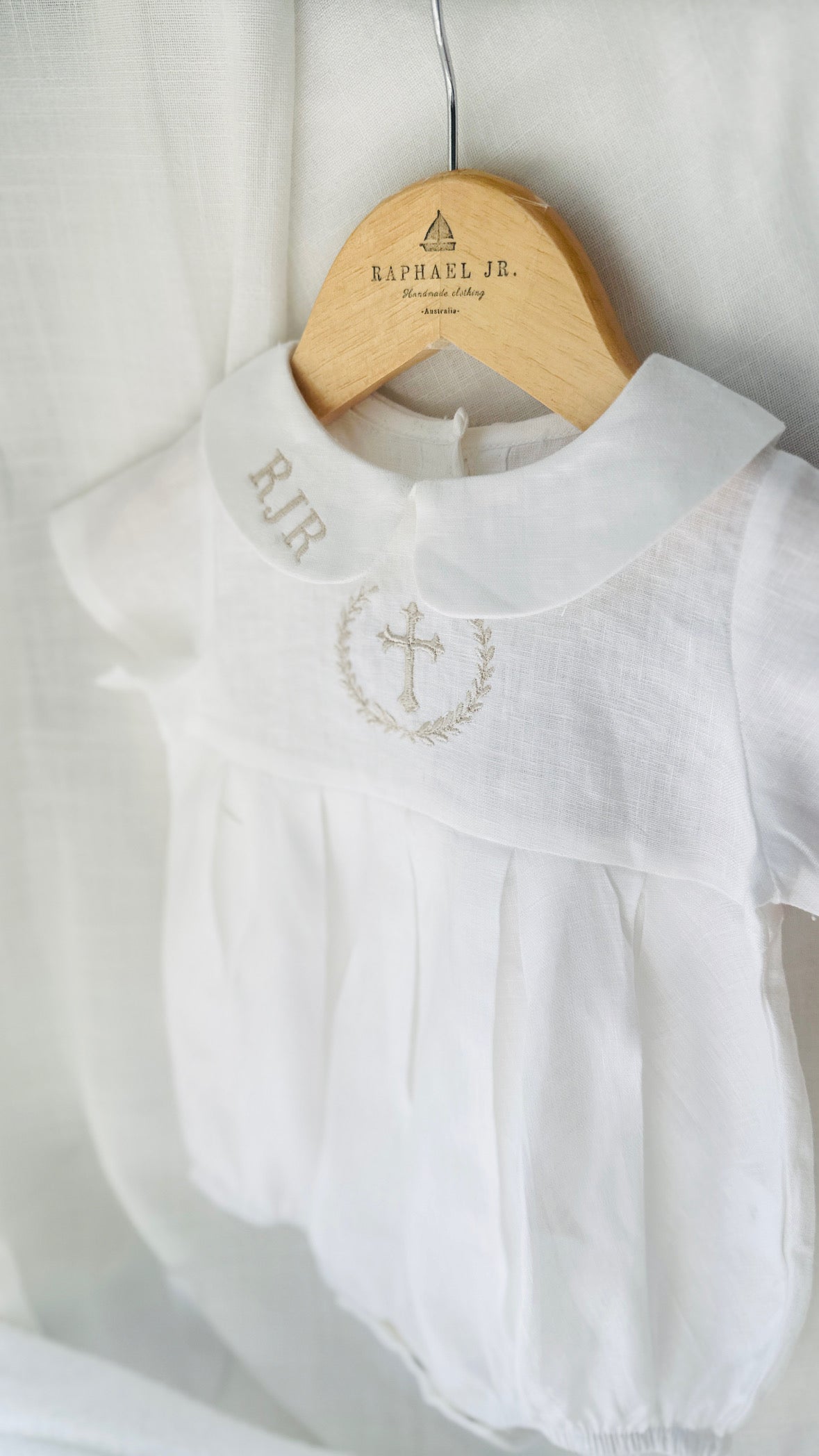 Linen Baptism peter pan collar bubble romper with optional embroidery customisation