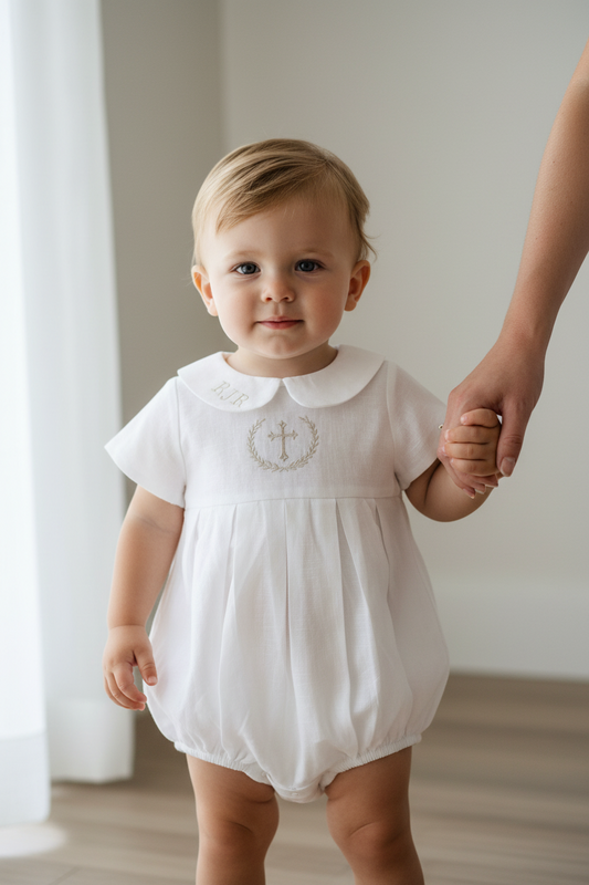 Linen Baptism peter pan collar bubble romper with optional embroidery customisation